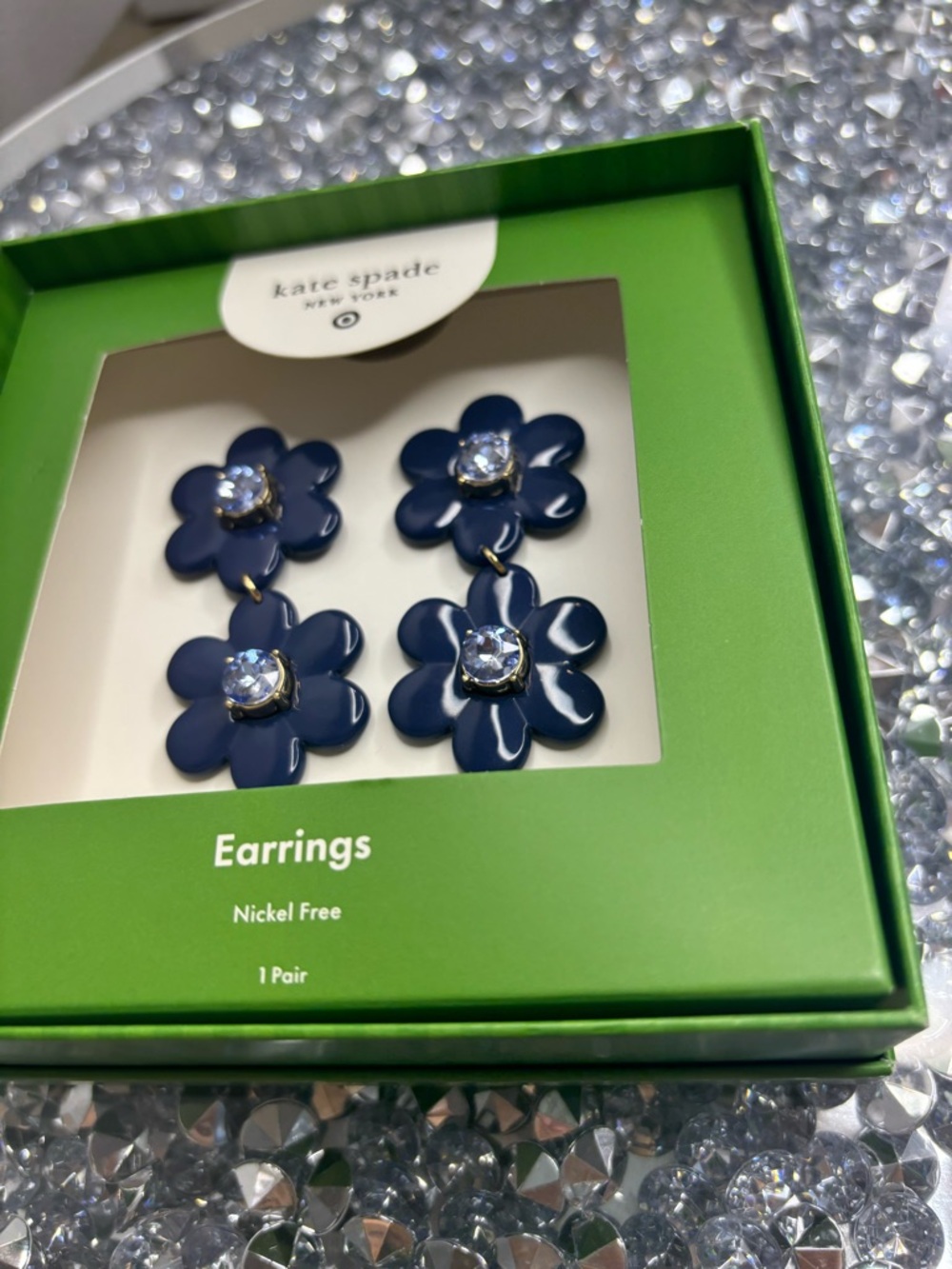 kate spade navy double flower dangle earrings for kids - Picture 3 of 8